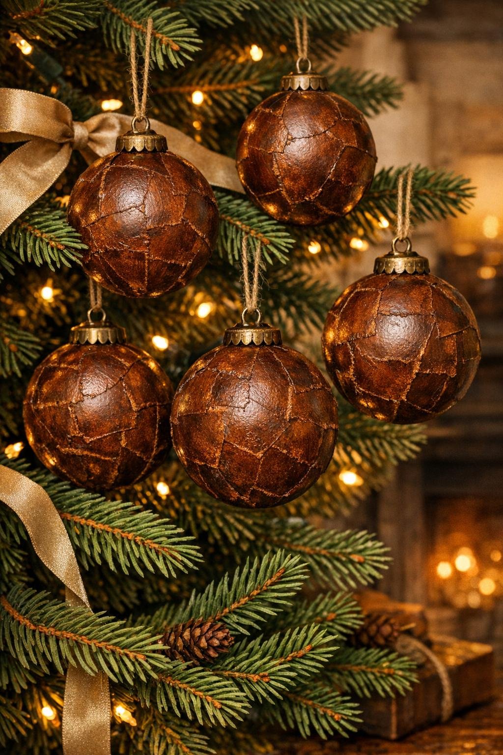 Finished faux leather ball ornaments styled on a holiday tree