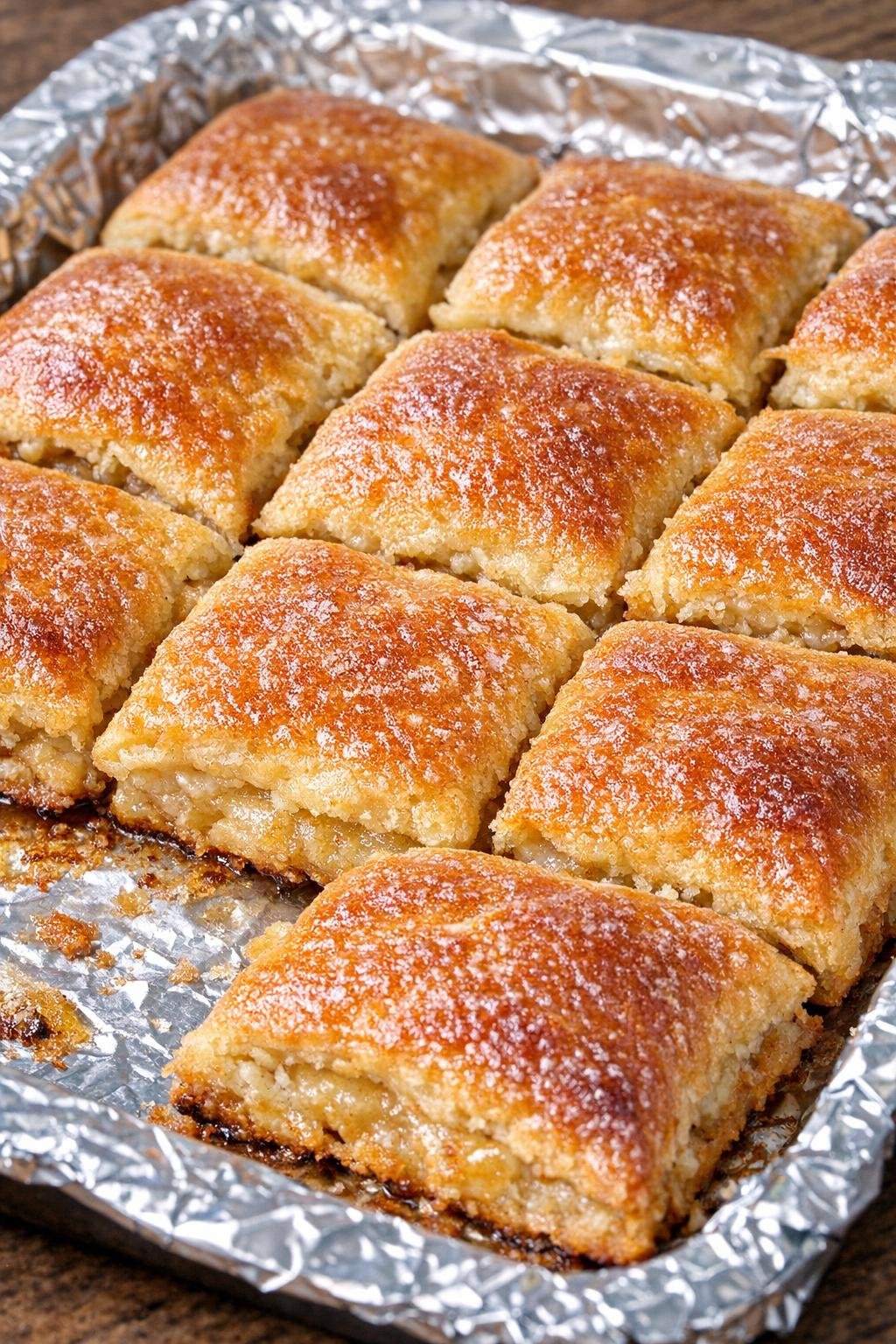 Southern 3-ingredient golden crescent squares on a foil-lined baking tray