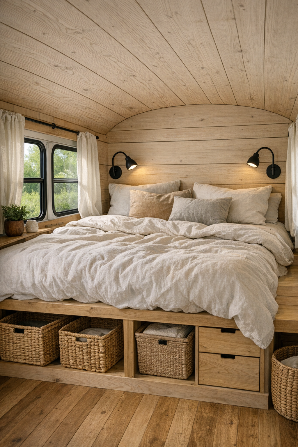 Peaceful bus bedroom with raised bed platform, soft linen bedding, and light wood finishes