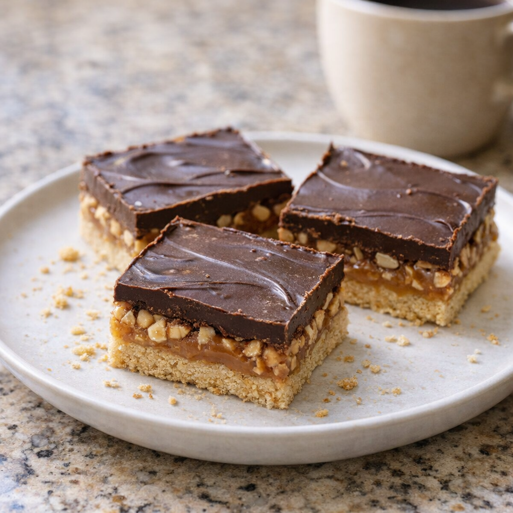 Chocolate peanut butter bars on a small dessert plate