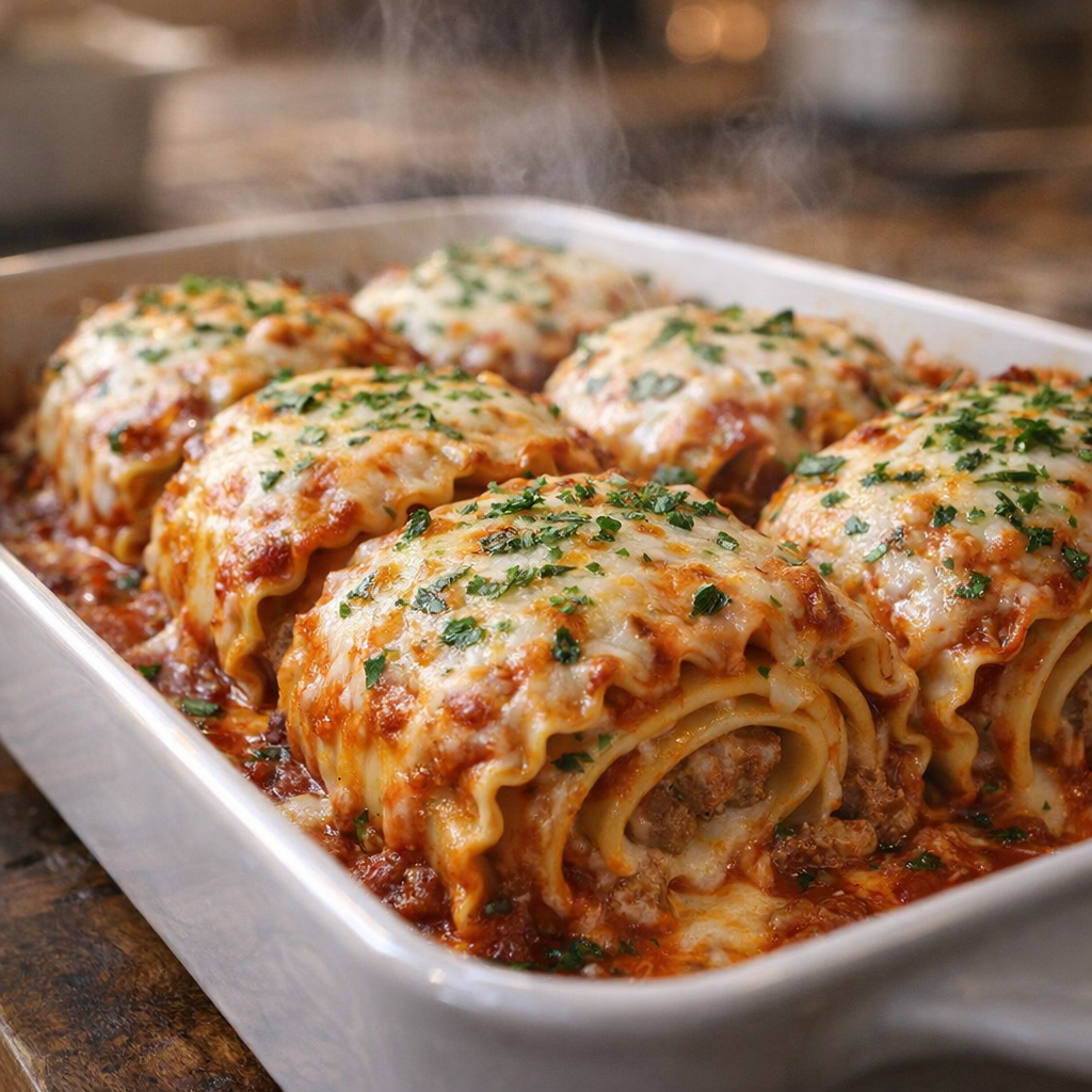 Freshly baked lasagna roll-ups with golden cheese and parsley