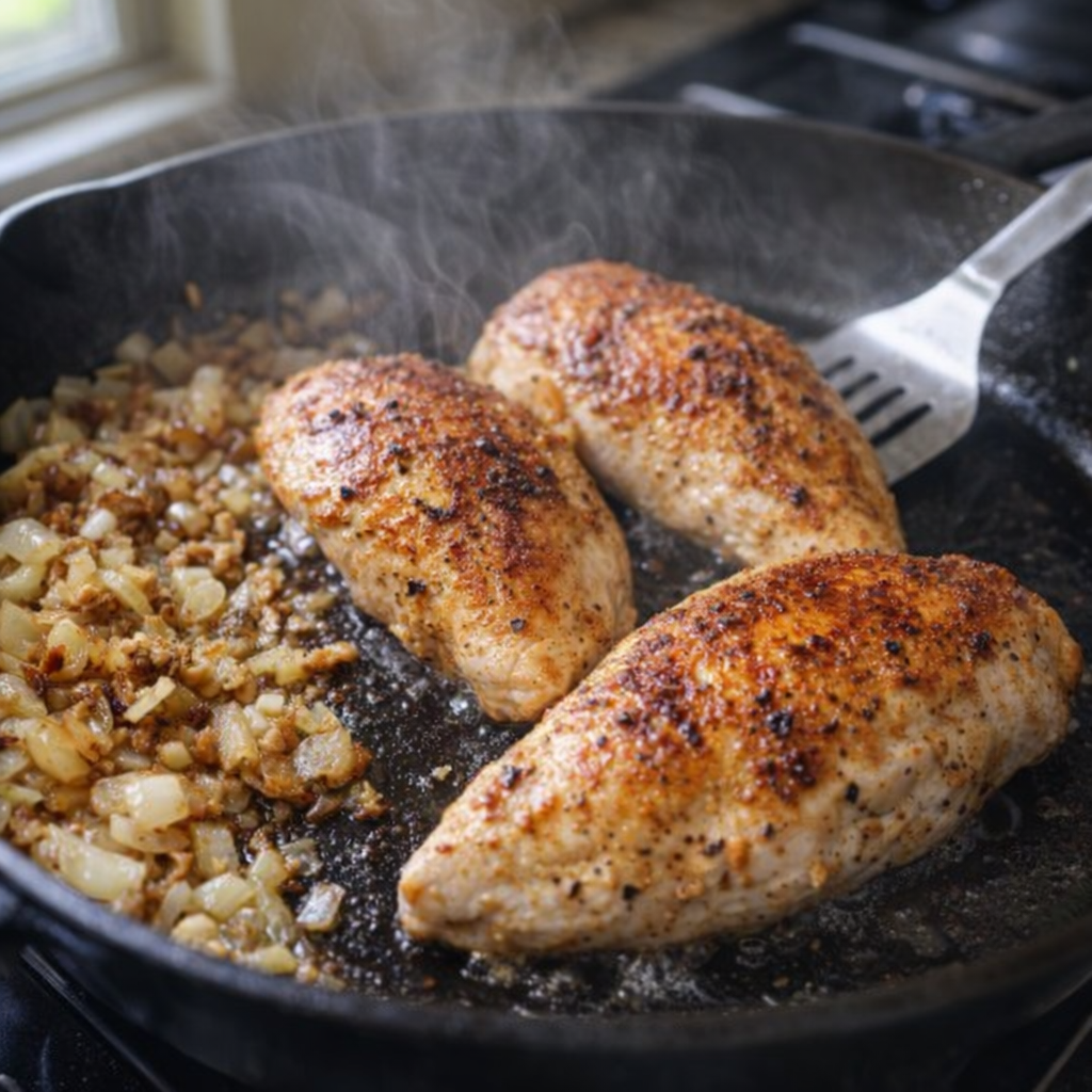 Chicken breasts searing beside onions in a skillet