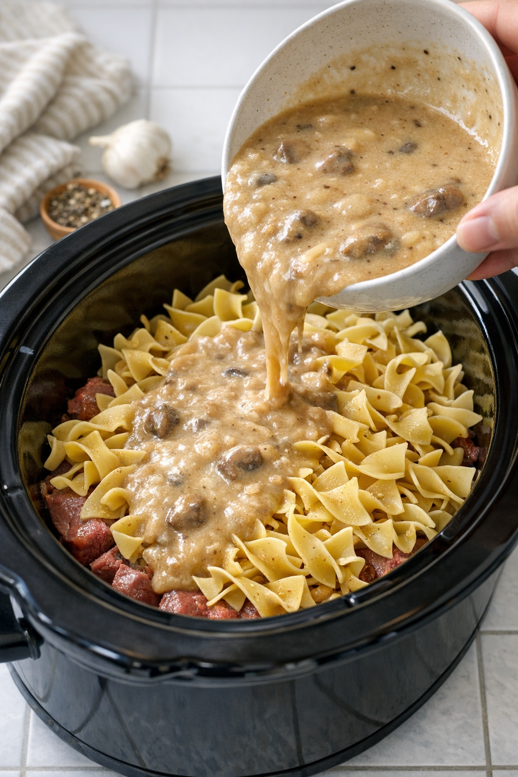 Soup and broth mixture being poured over noodles in the slow cooker