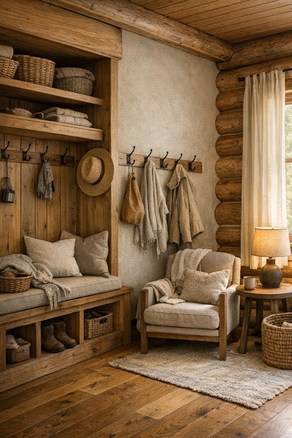 Charming secondary space with built-in storage, a bench, and a cozy reading corner in a rustic home