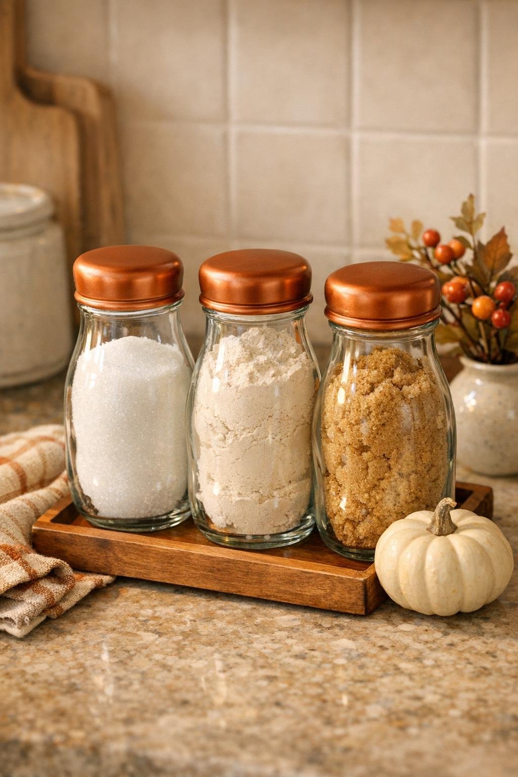 Finished fall kitchen storage set made from glass coffee creamer bottles with copper lids