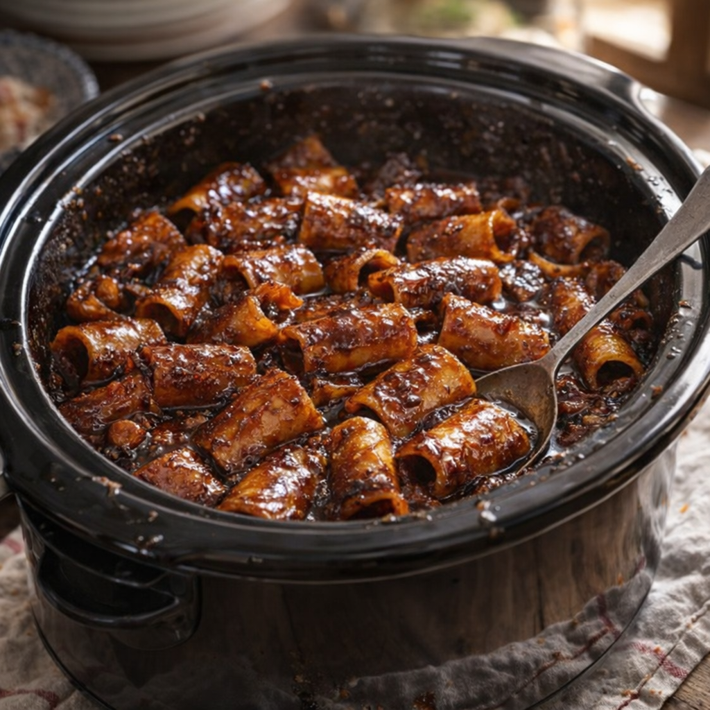 Slow cooker glazed paccheri served family-style