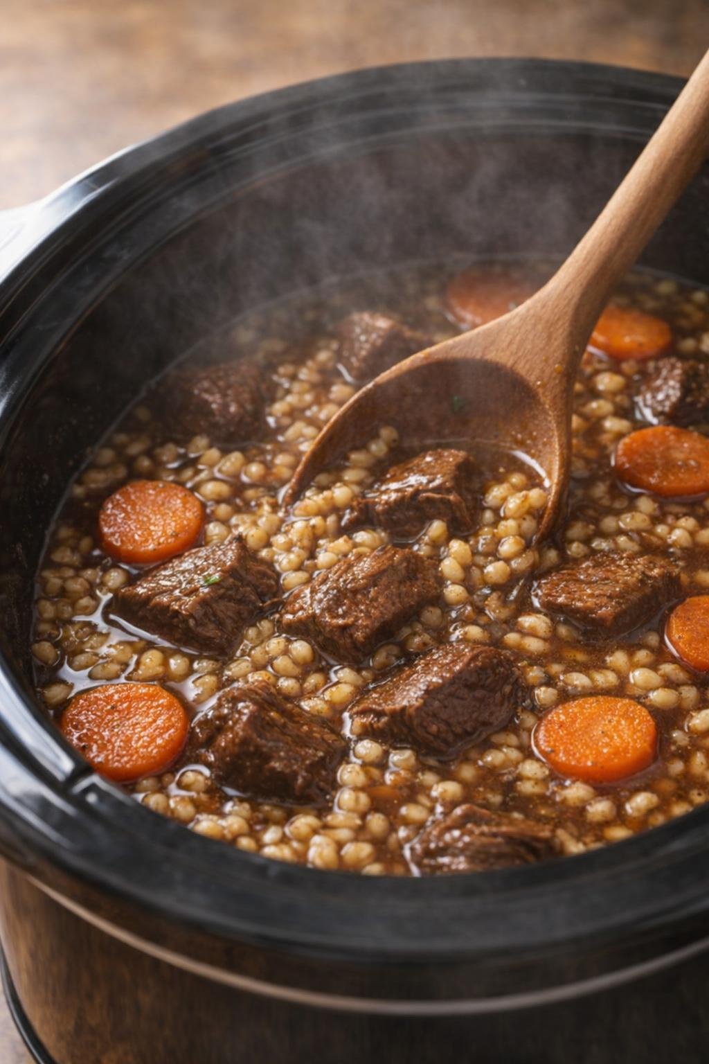 Cooked beef and barley stew being stirred in the slow cooker
