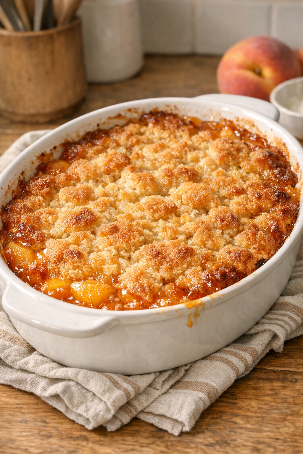 Finished peach dessert fresh from the oven