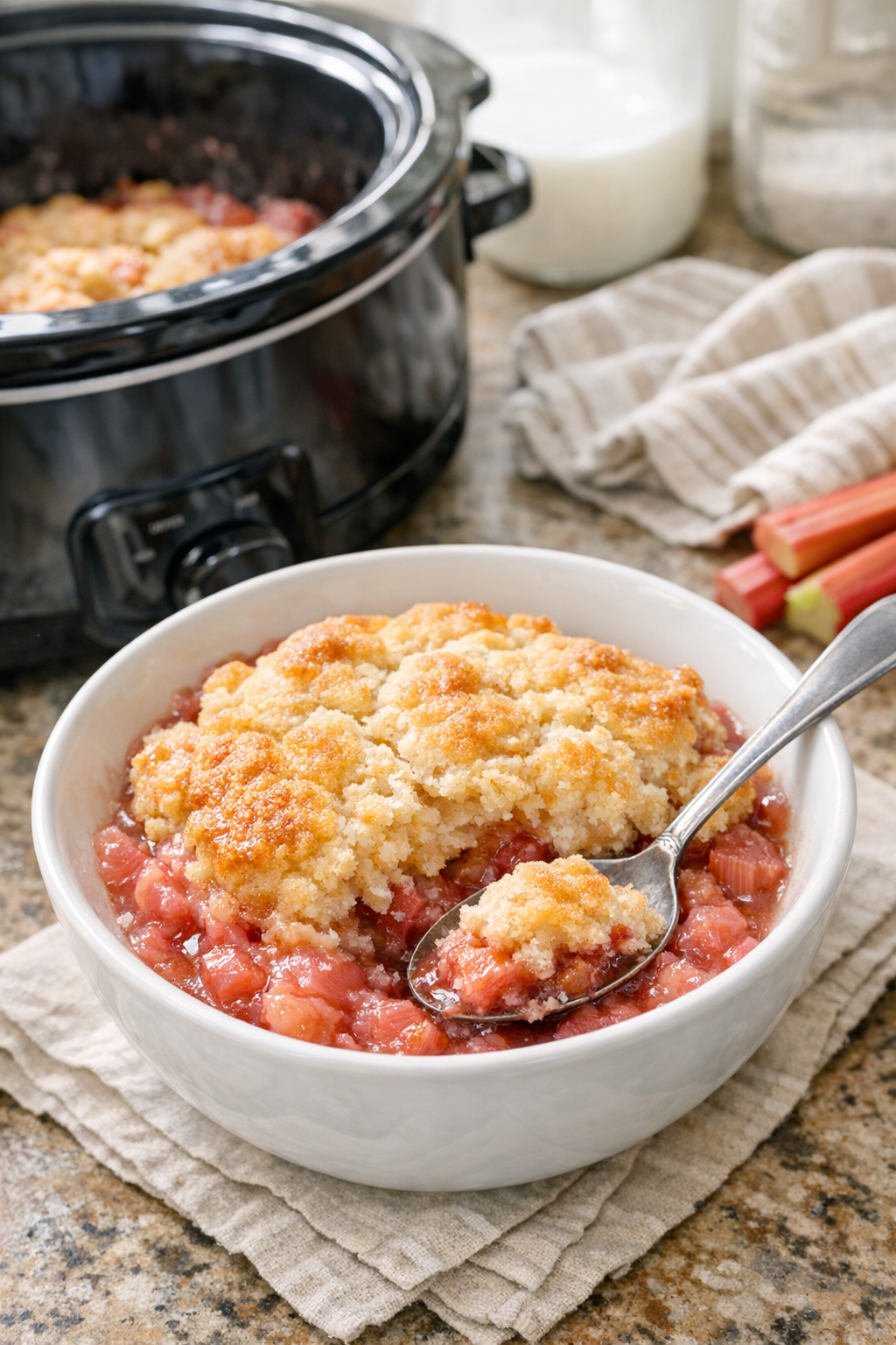 Finished rhubarb slump served warm in a bowl