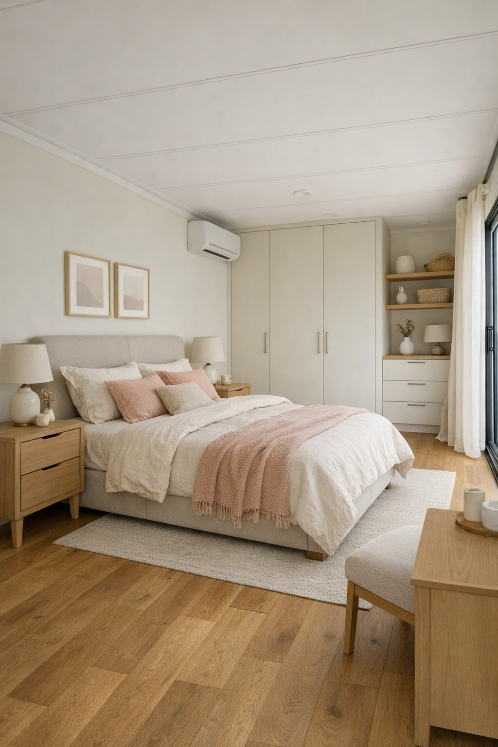 Serene bedroom with soft rose and sand tones, upholstered bed, and simple built-in storage