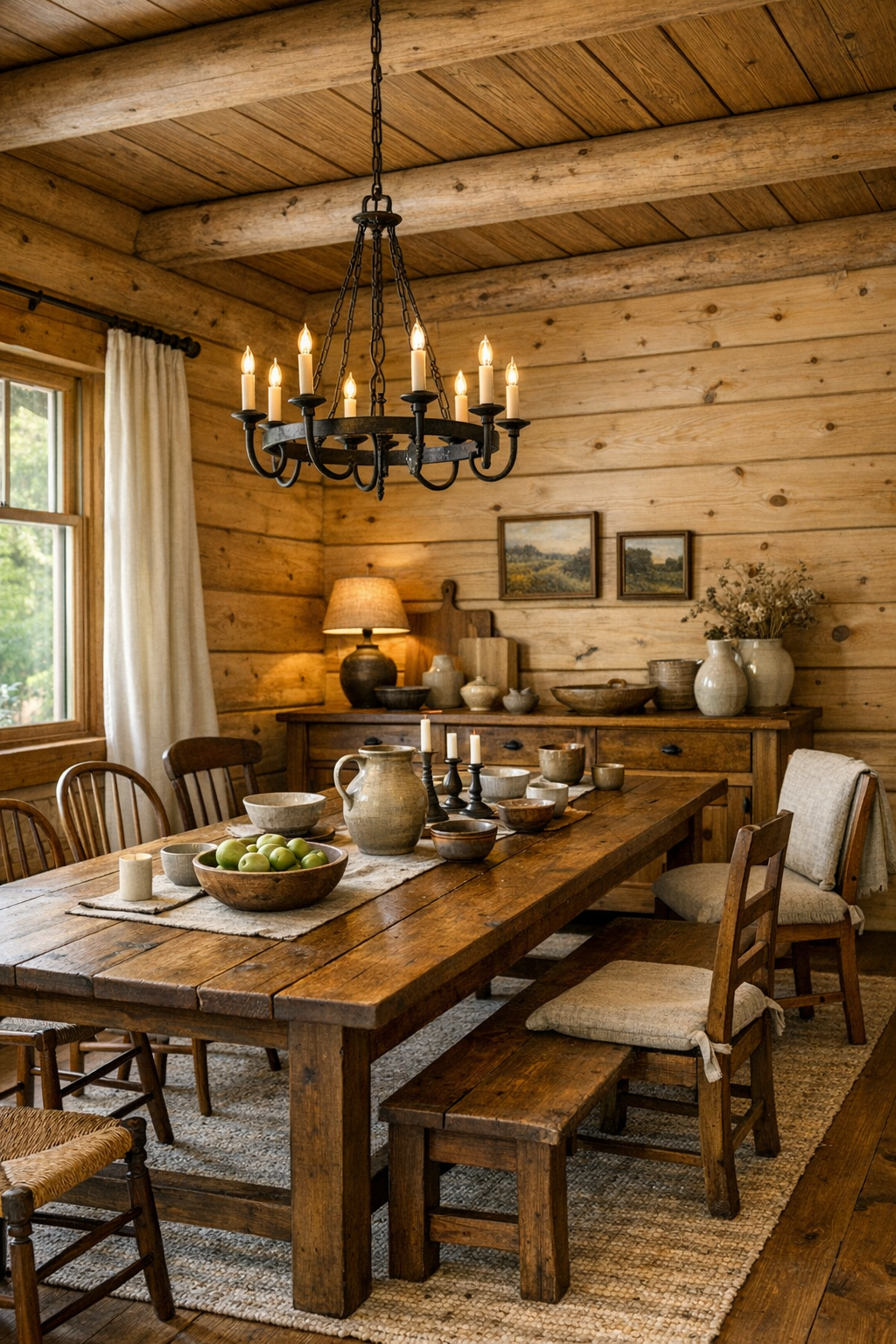 Dining room with a long wood table, rustic chandelier, and soft-toned log walls