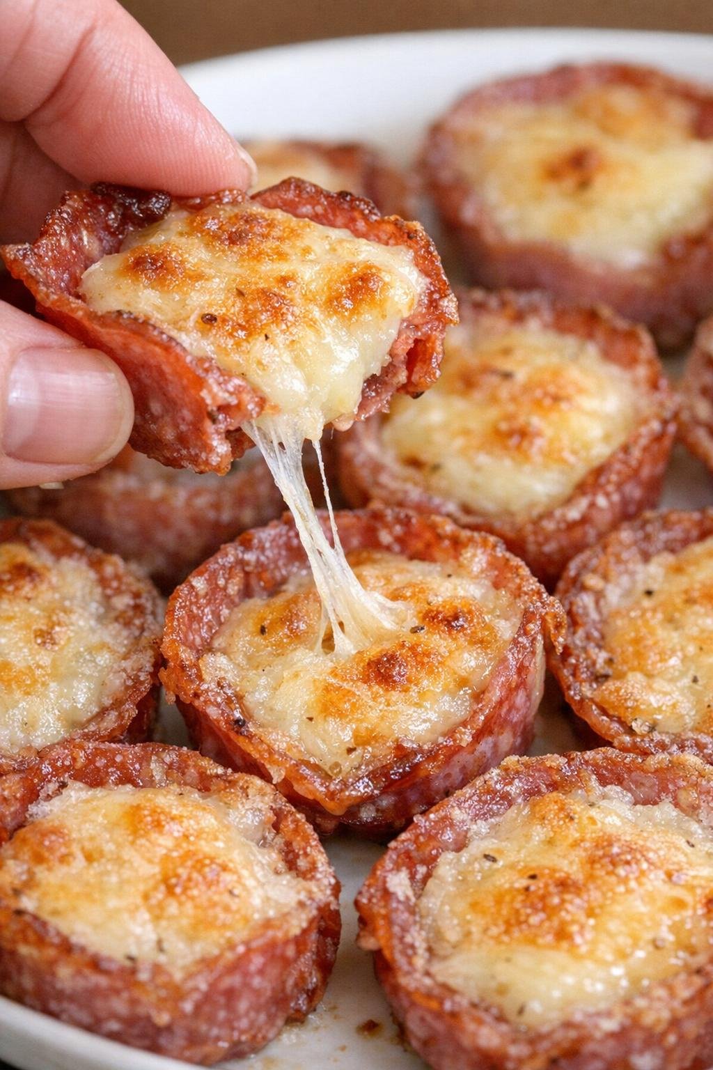 Low carb 3-ingredient salami Kingsley bites on a serving platter