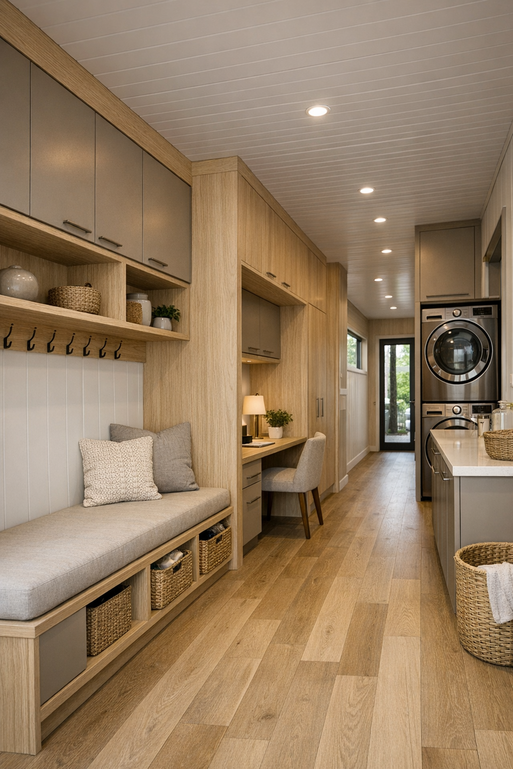 Functional hallway and flex area with built-in storage in a modern container home