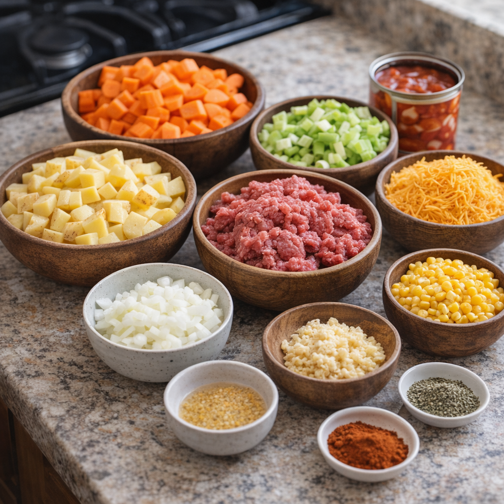 Chopped fall vegetables and ground beef ingredients on a kitchen counter