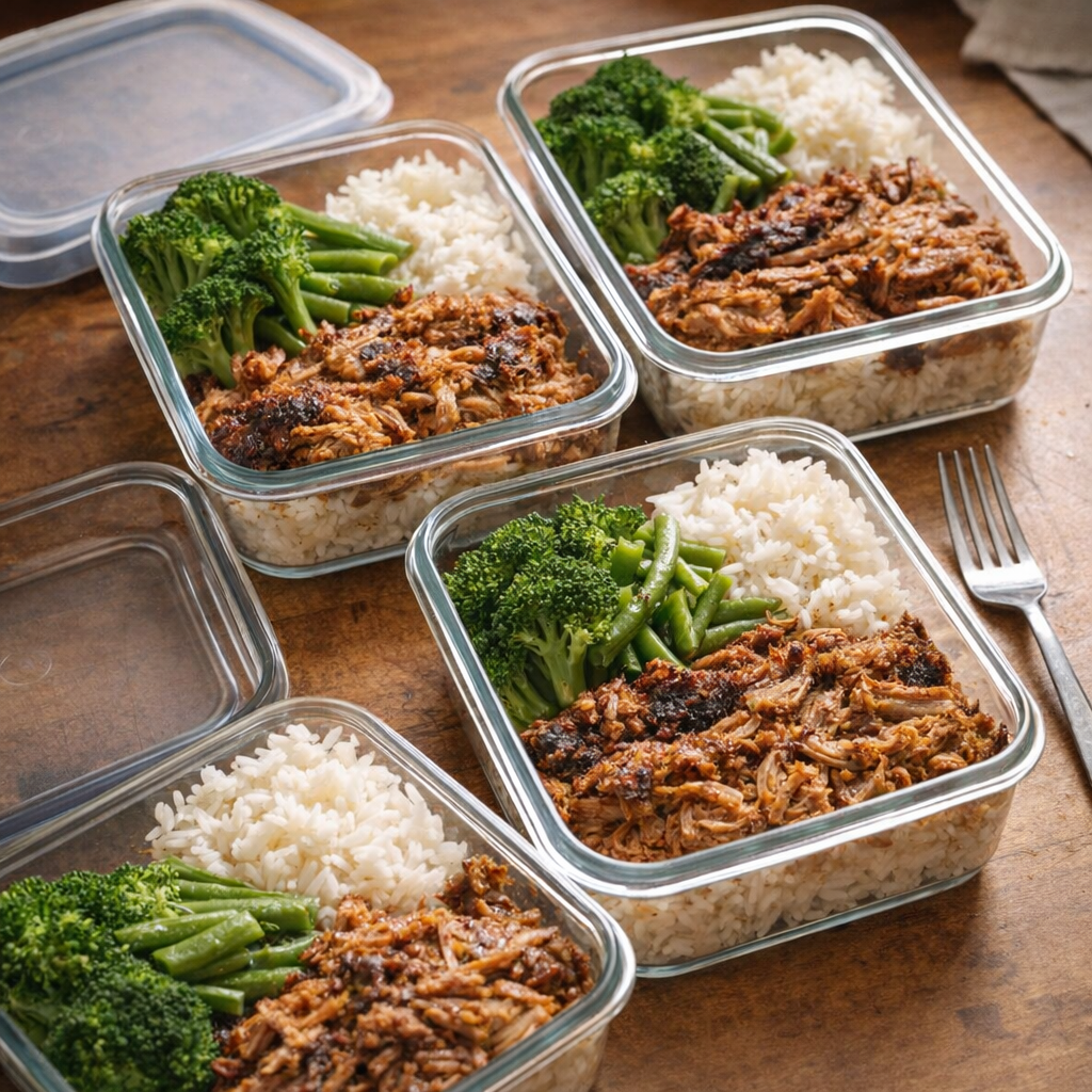 Pulled pork meal prep bowls on a kitchen counter