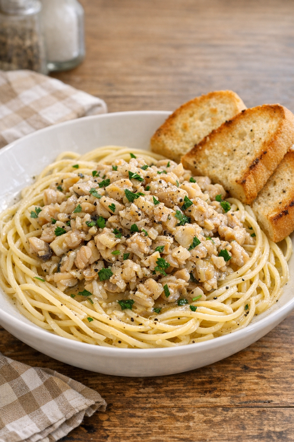 Finished slow cooker chopped clams served over pasta