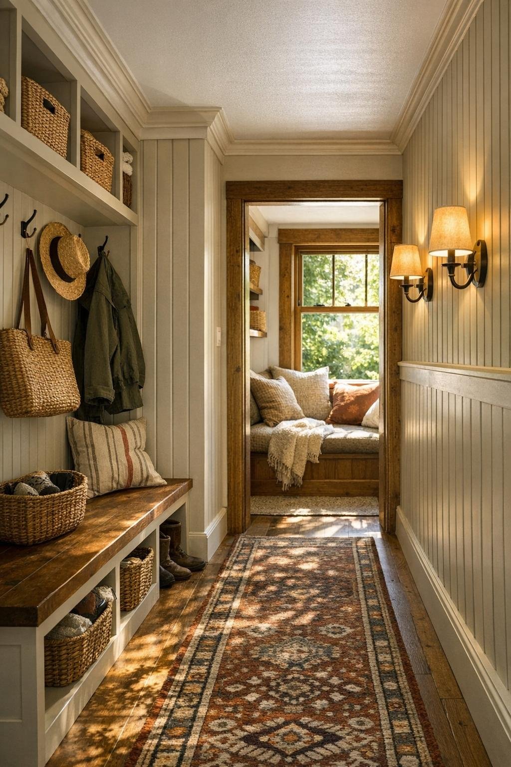 Thoughtful cottage secondary spaces with a mudroom bench, built-ins, and a small reading nook