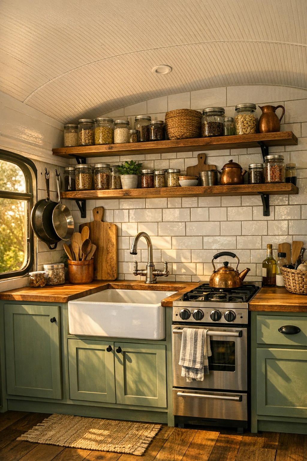 Functional rustic kitchen in a converted bus with sage cabinets and butcher-block counters