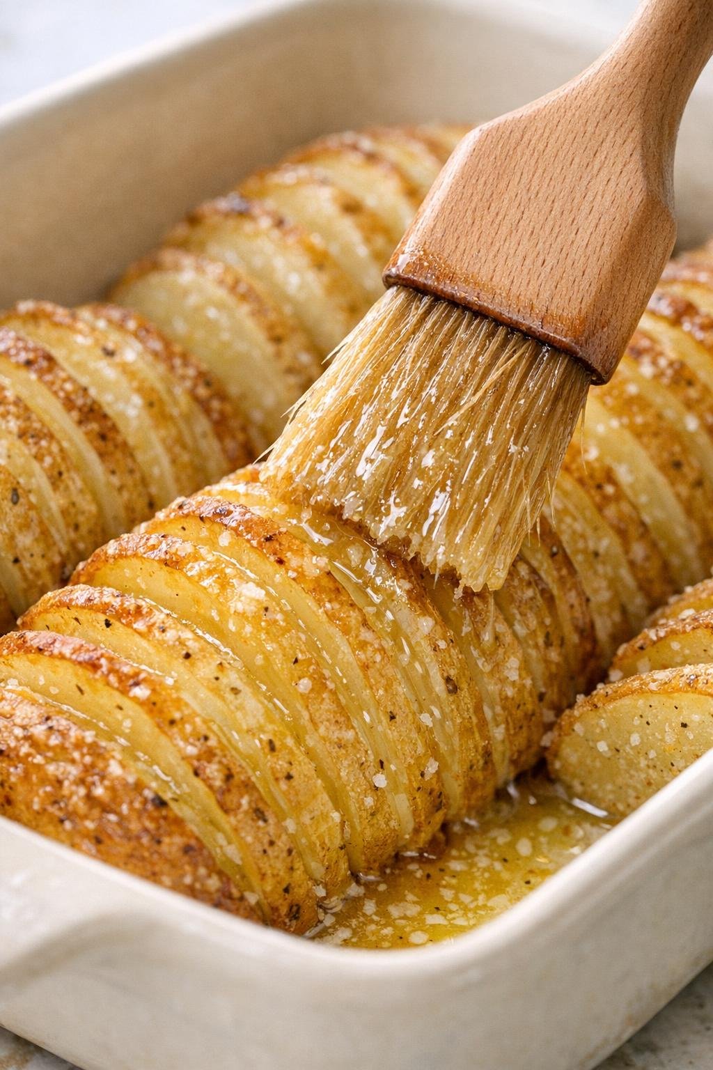 Melted butter being brushed over sliced potatoes