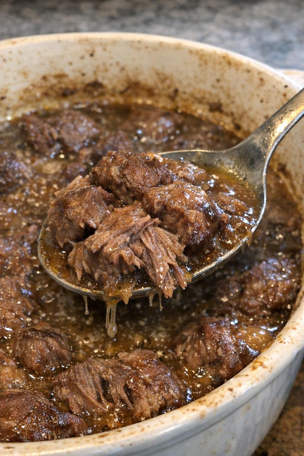 Tender beef chunks with rich brown gravy in a casserole dish