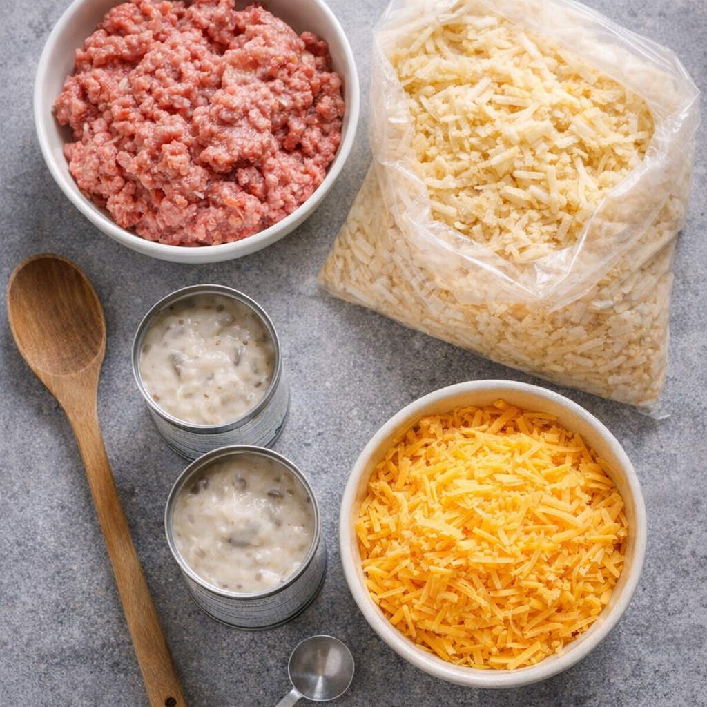Simple casserole ingredients arranged on a kitchen counter
