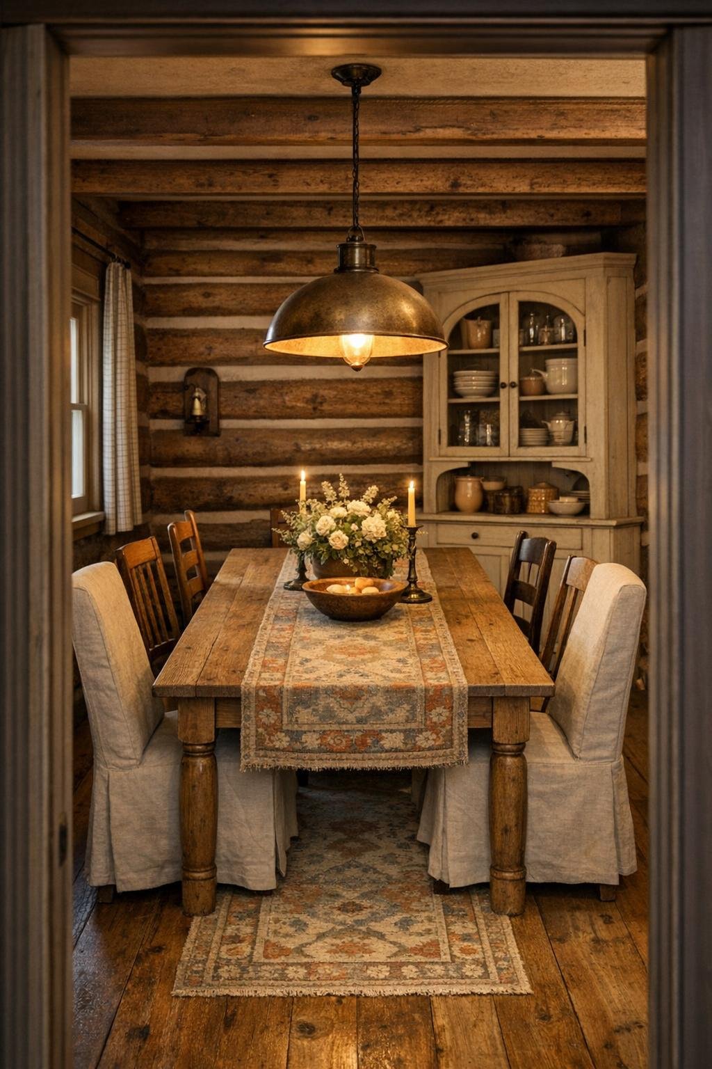 Dining room with scrubbed oak table, mixed wood and slipcovered chairs, and a low pendant light