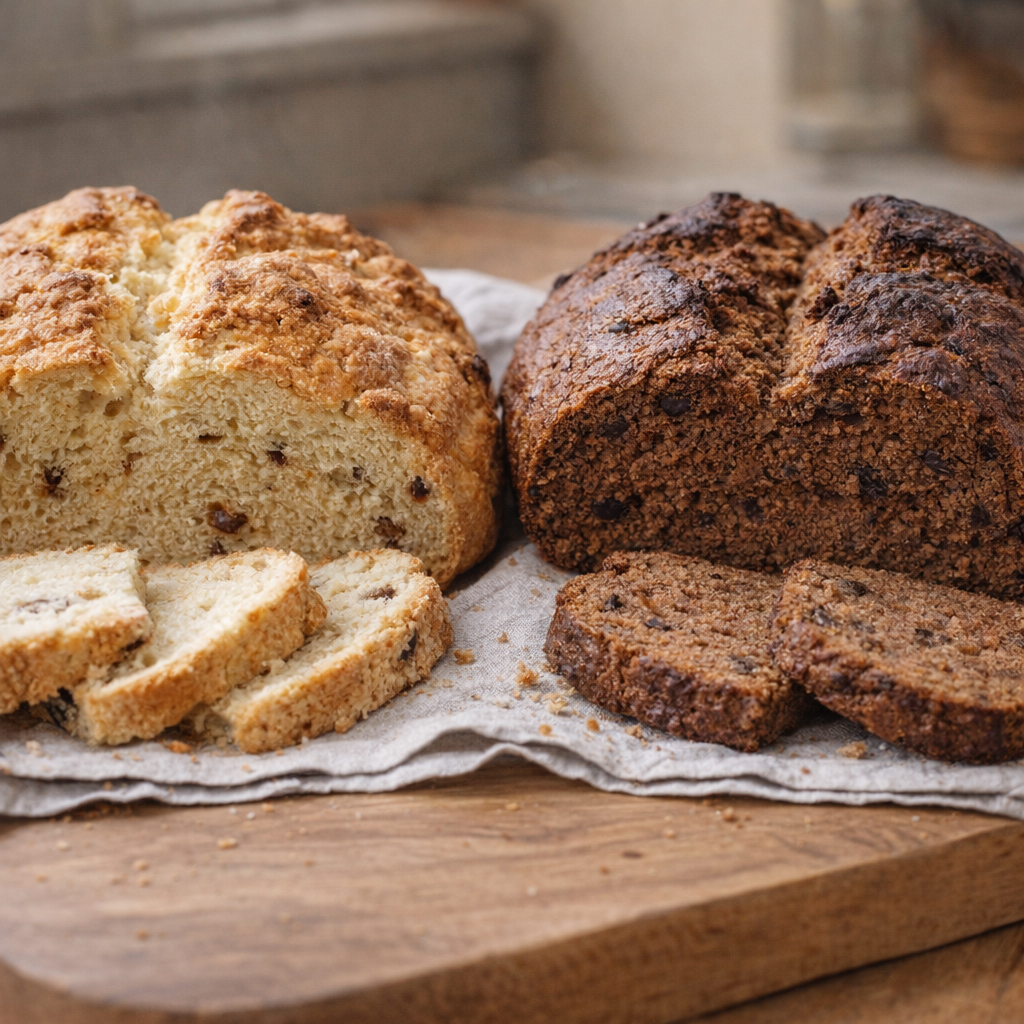 Traditional and stout soda bread loaves side by side