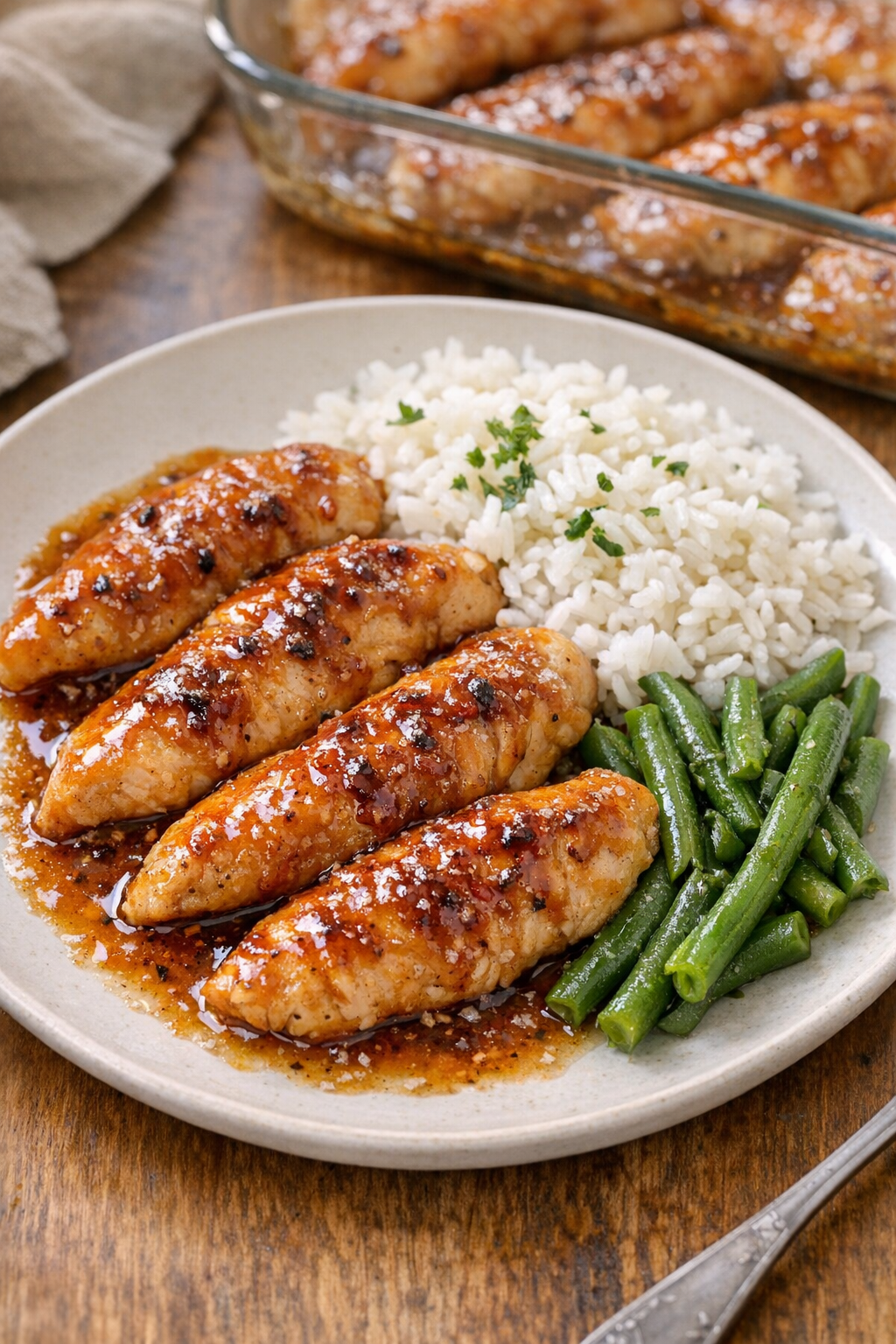 Finished glazed chicken tenderloins on a plate