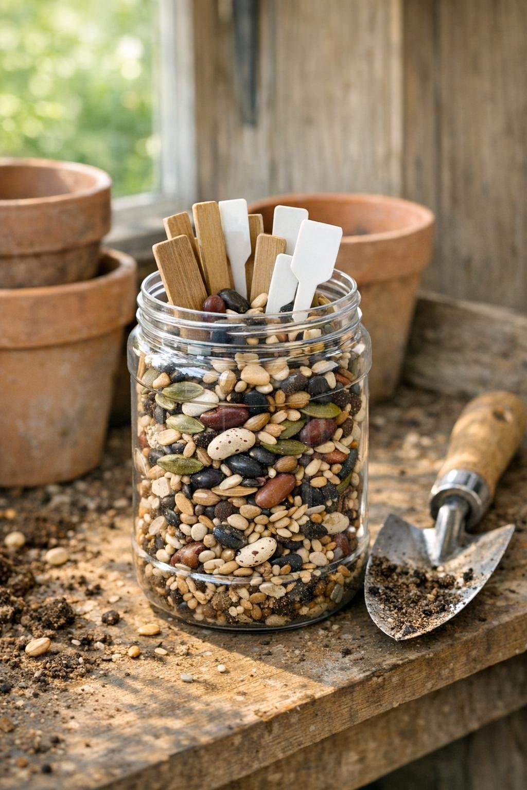 Plastic peanut butter jar used to store garden seeds