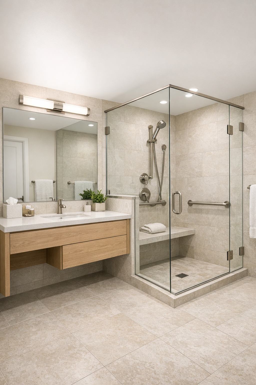 Spa-like accessible bathroom with pale limestone tile, a floating oak vanity, and a curbless glass shower