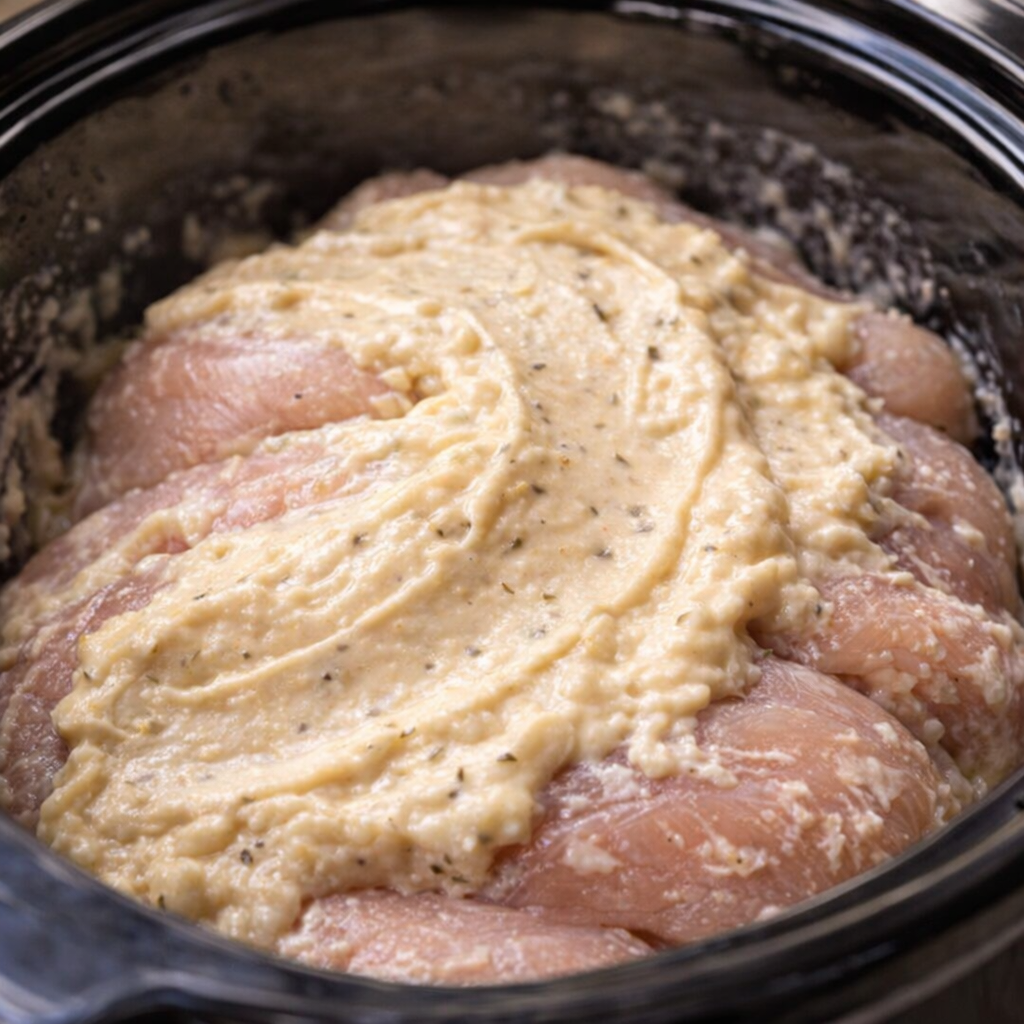 Chicken breasts covered with cream soup in a slow cooker