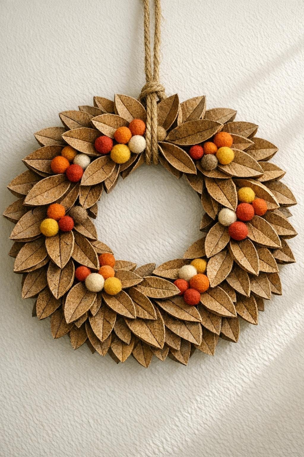 Finished rustic fall wreath made from paper towel rolls