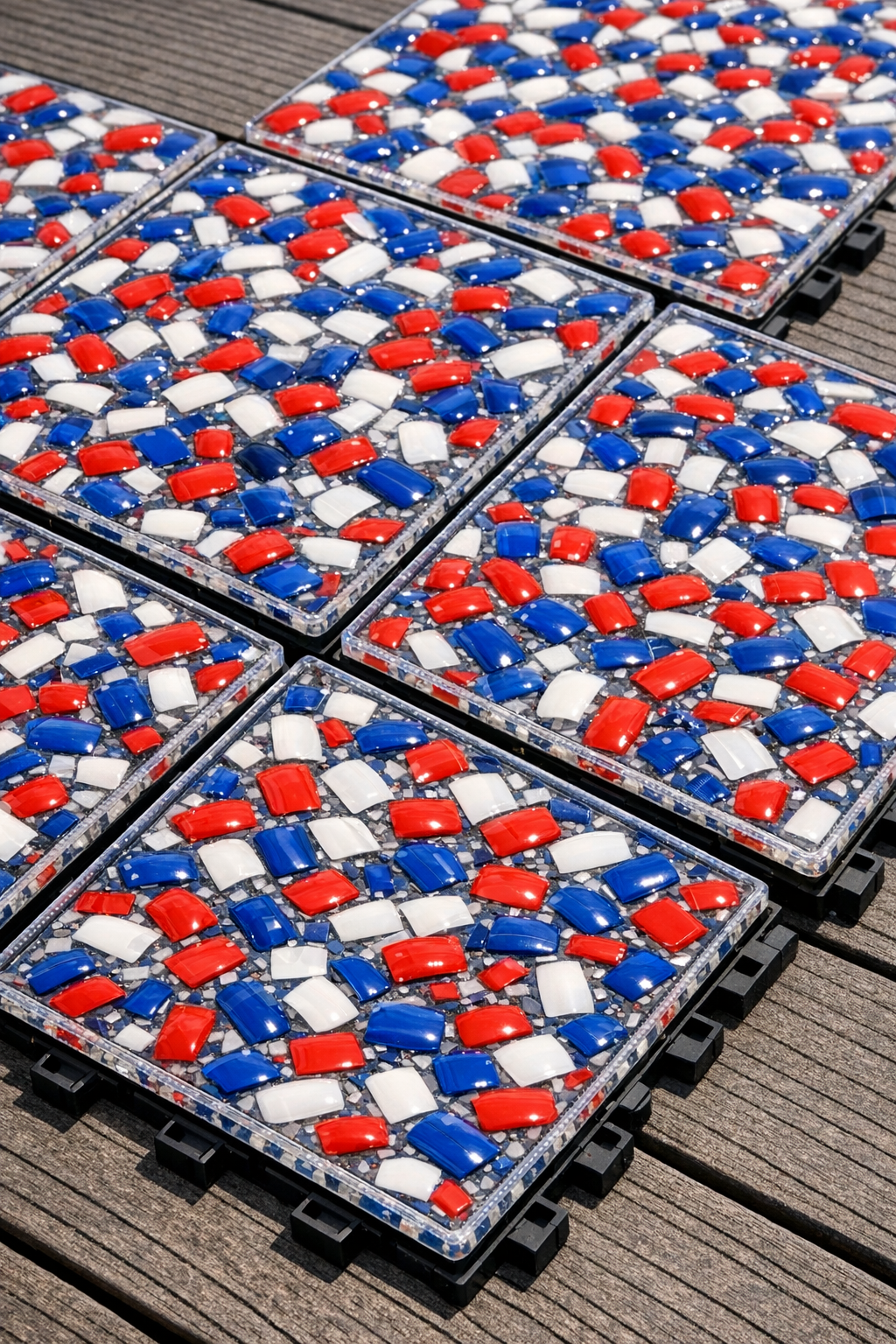 Finished red, white, and blue shatterproof deck tiles made from artificial fingernails