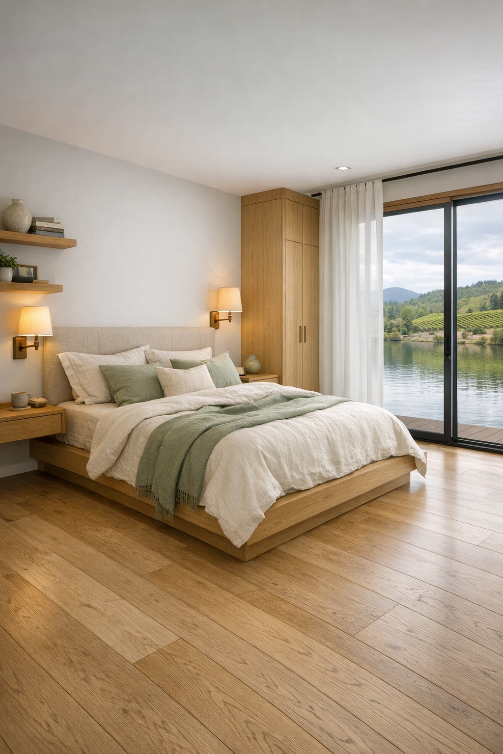 Serene bedroom with oak platform bed, linen bedding, and soft layered window treatments