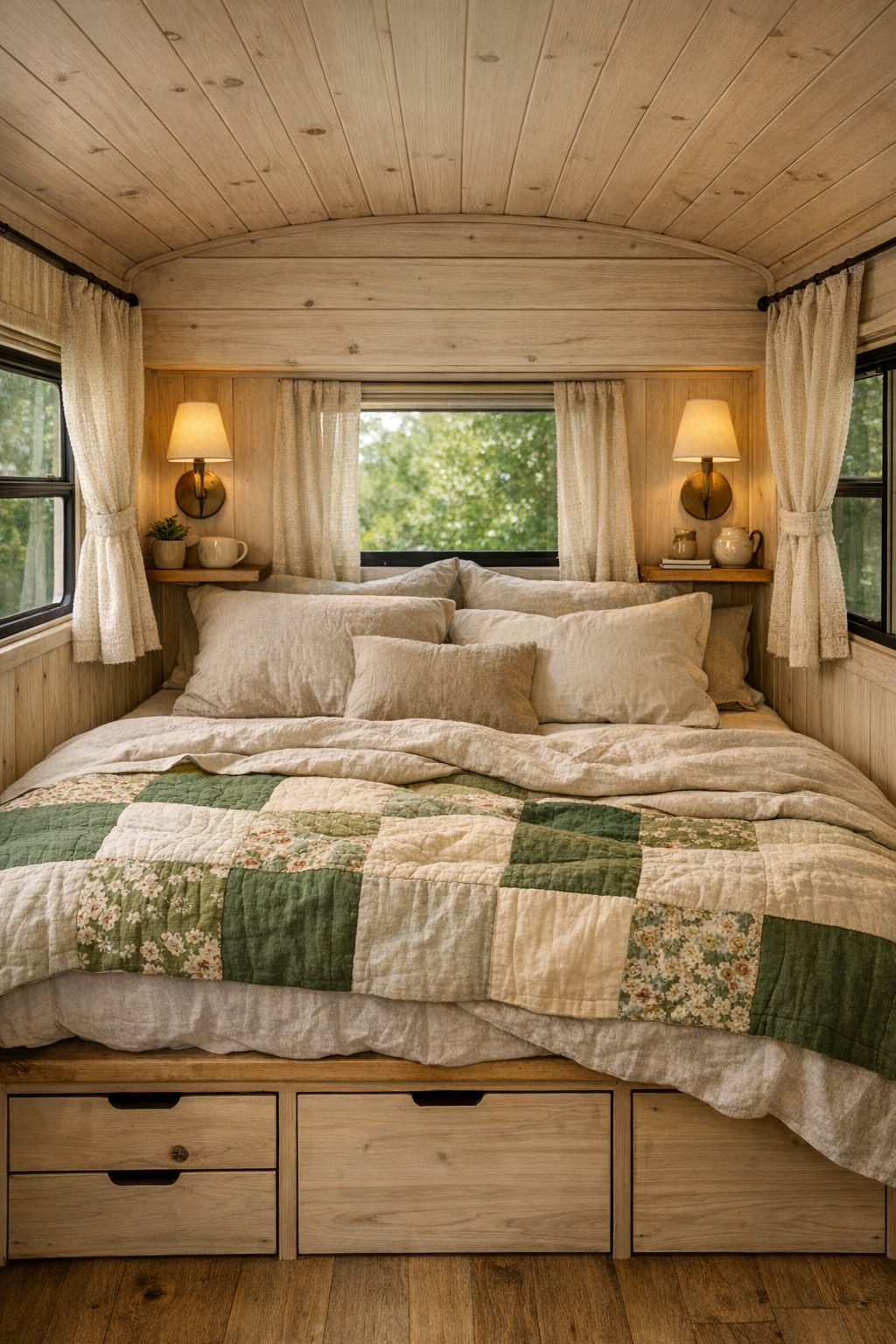 Serene built-in bus bedroom with linen bedding and light wood paneling