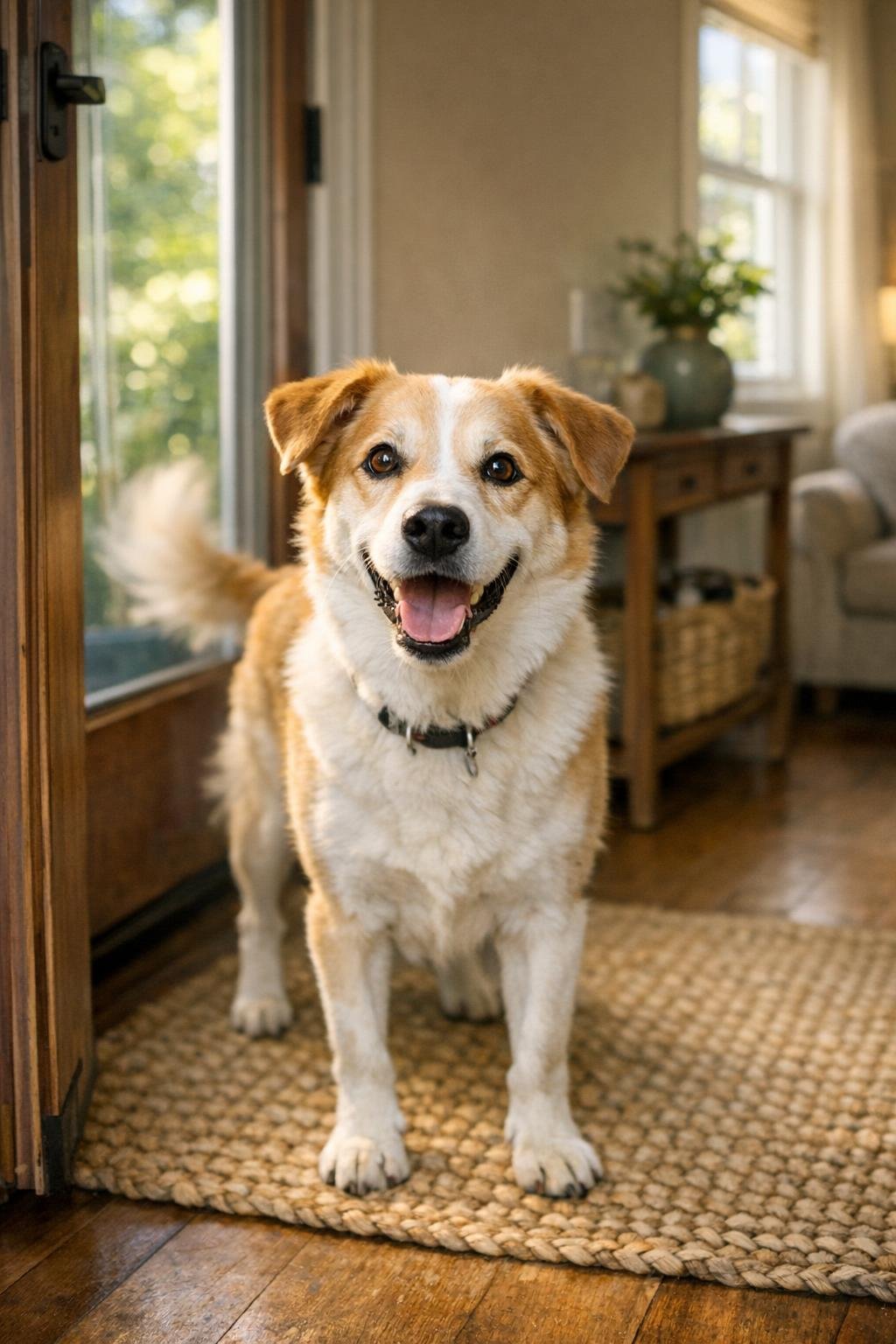 Happy dog wagging near the doorway