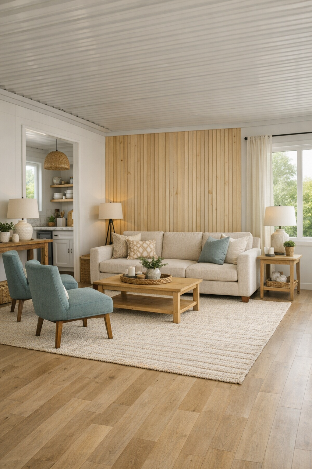 Accessible living room with soft teal accents, pale wood finishes, and wide open circulation