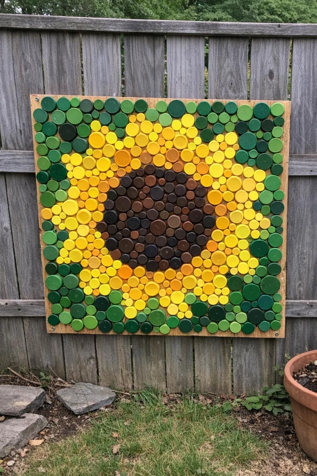 Sunflower wall art made from bottle caps