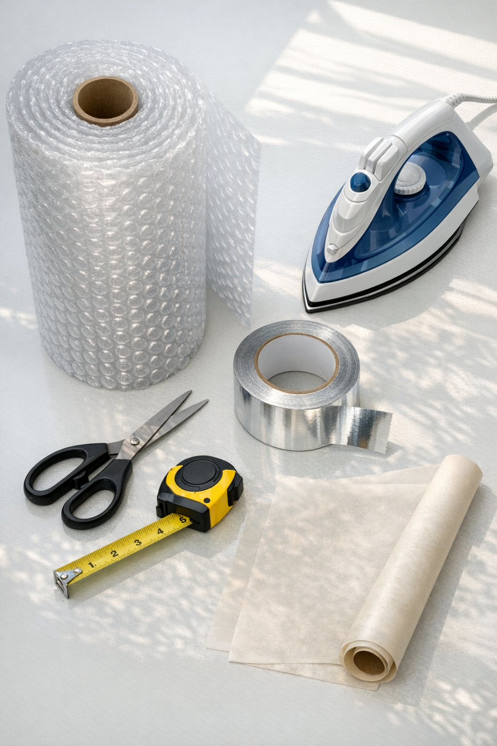 Bubble wrap, foil tape, and simple tools laid out for making pipe insulation wraps