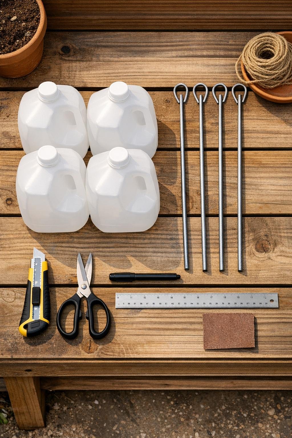 Plastic milk jugs, garden stakes, and tools laid out for making deep root watering spikes