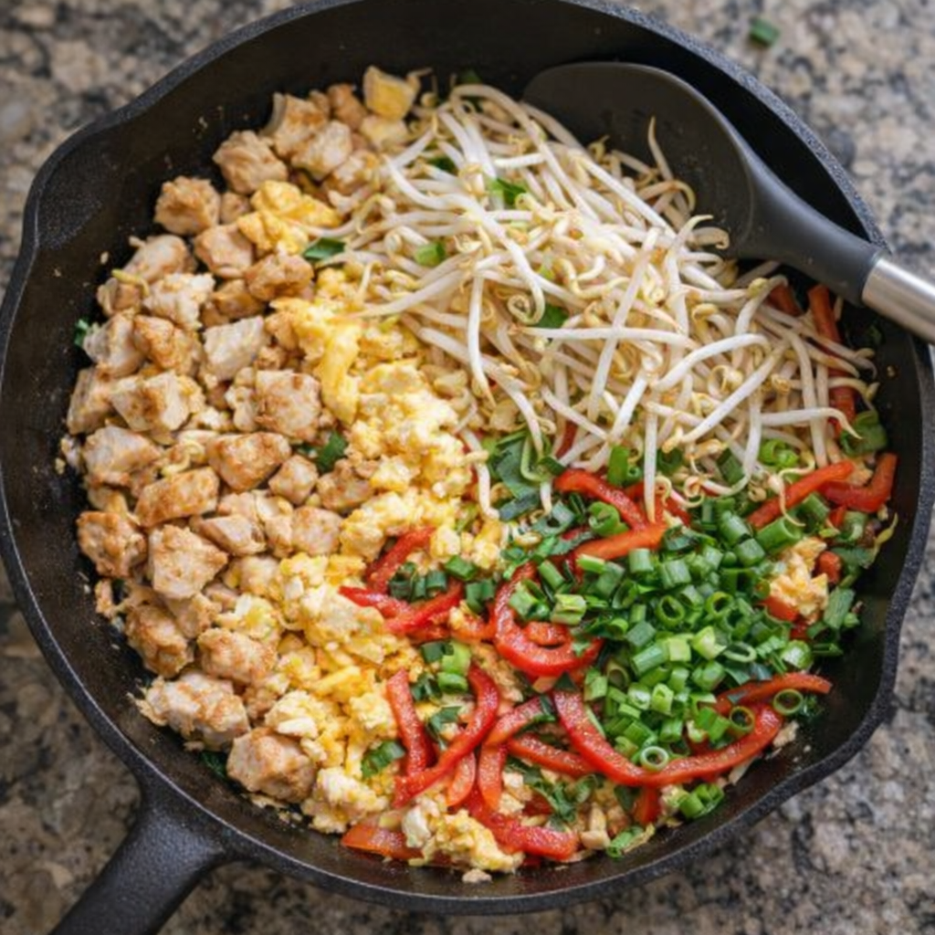 Colorful skillet with noodles, vegetables, and eggs