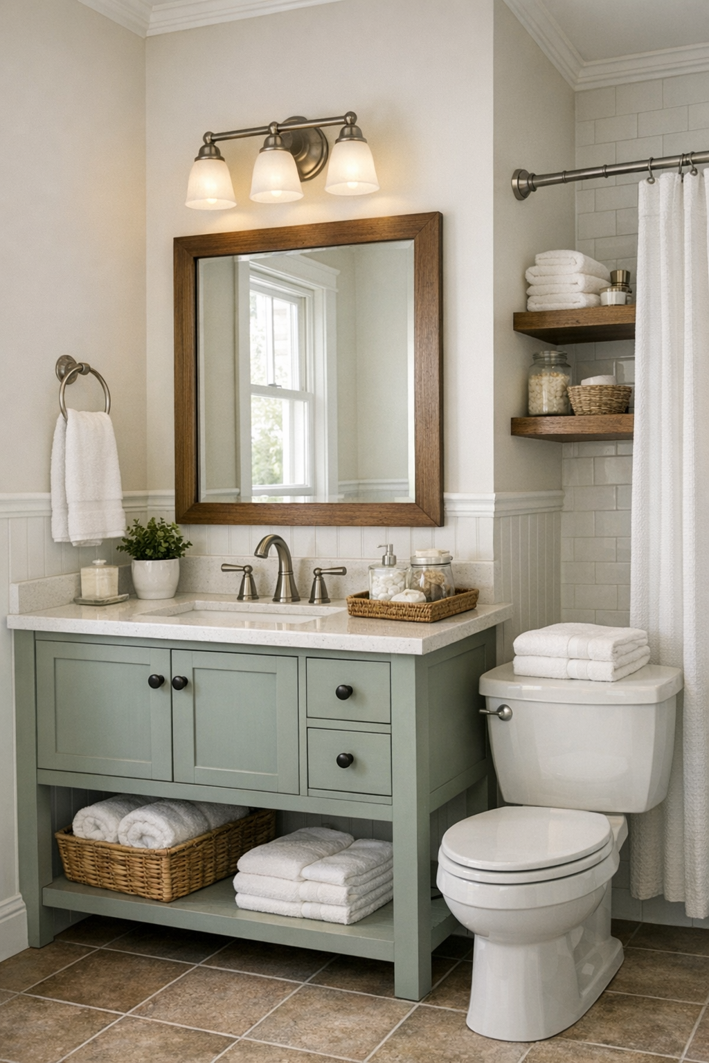 Bright craftsman bathroom with painted vanity, classic fixtures, and light finishes