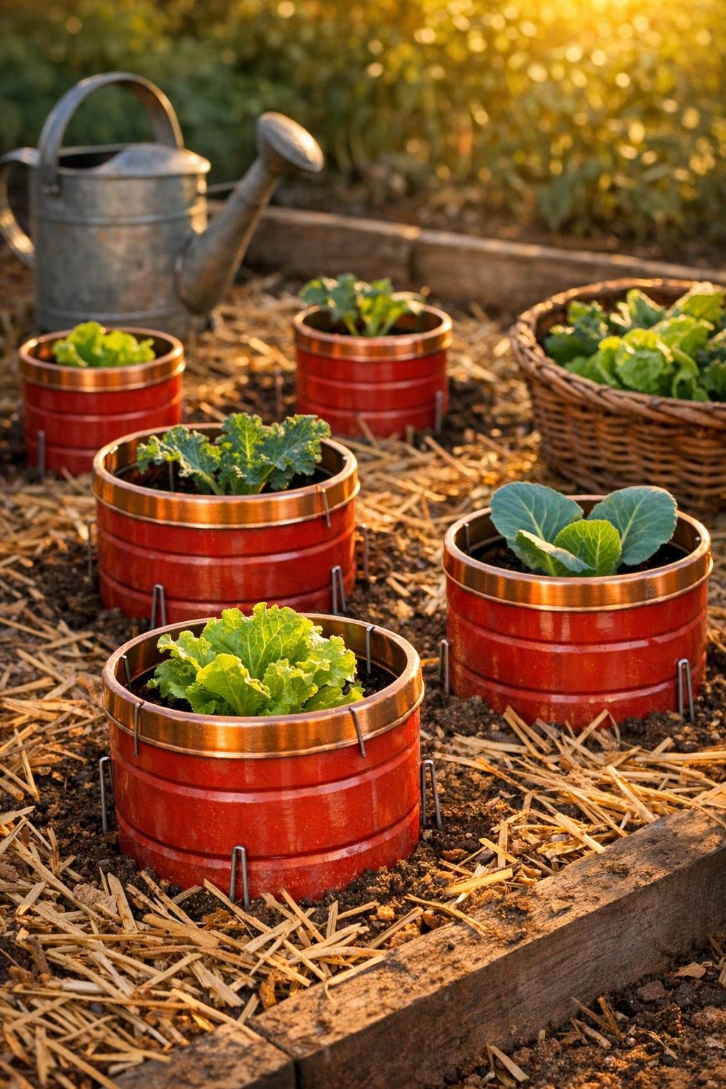 Finished fall garden bed with coffee can slug barriers