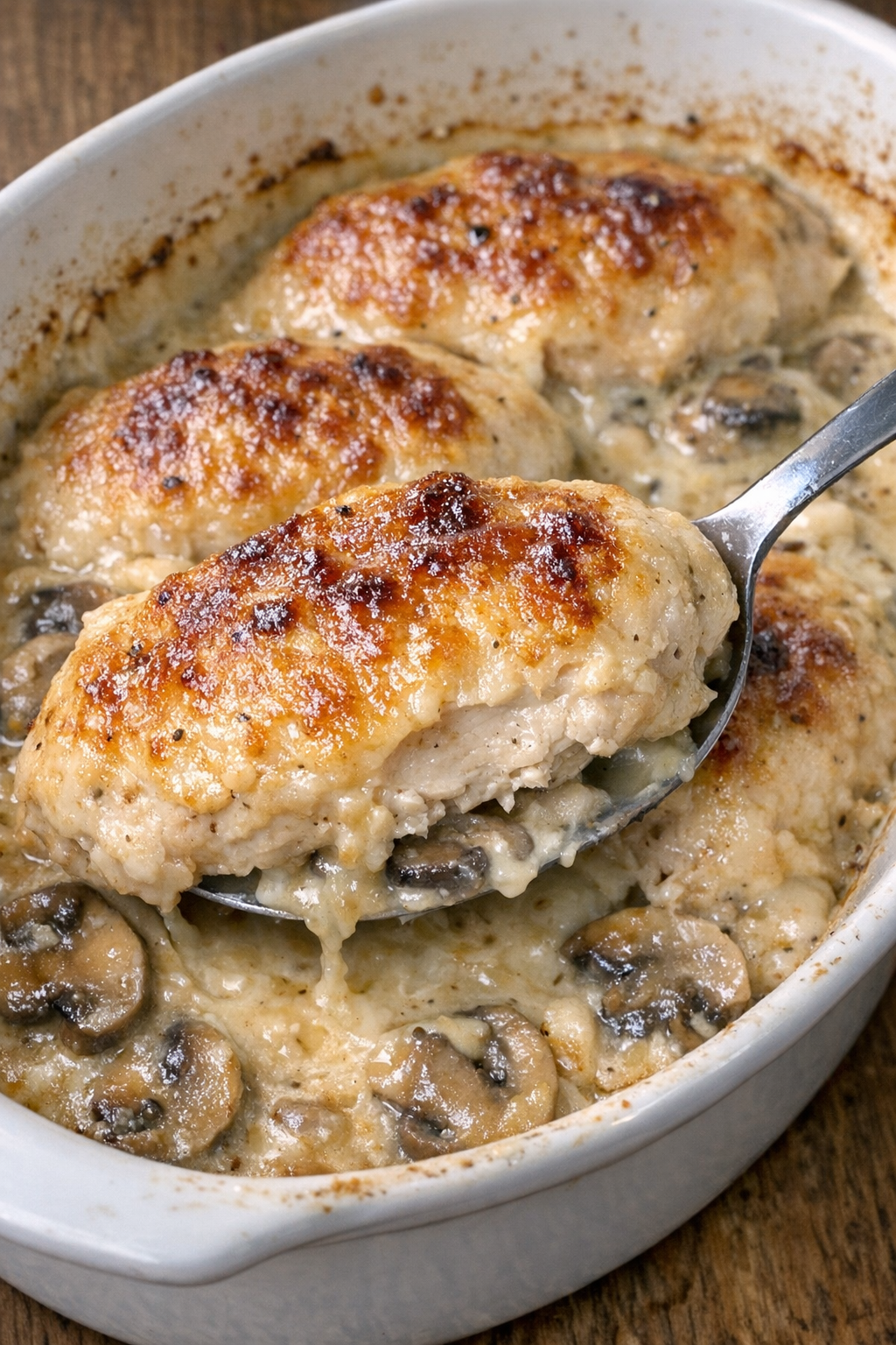 Golden brown chicken breasts in creamy mushroom sauce