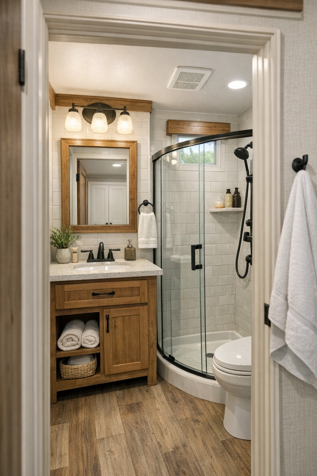 Warm compact bathroom with tile shower and craftsman finishes