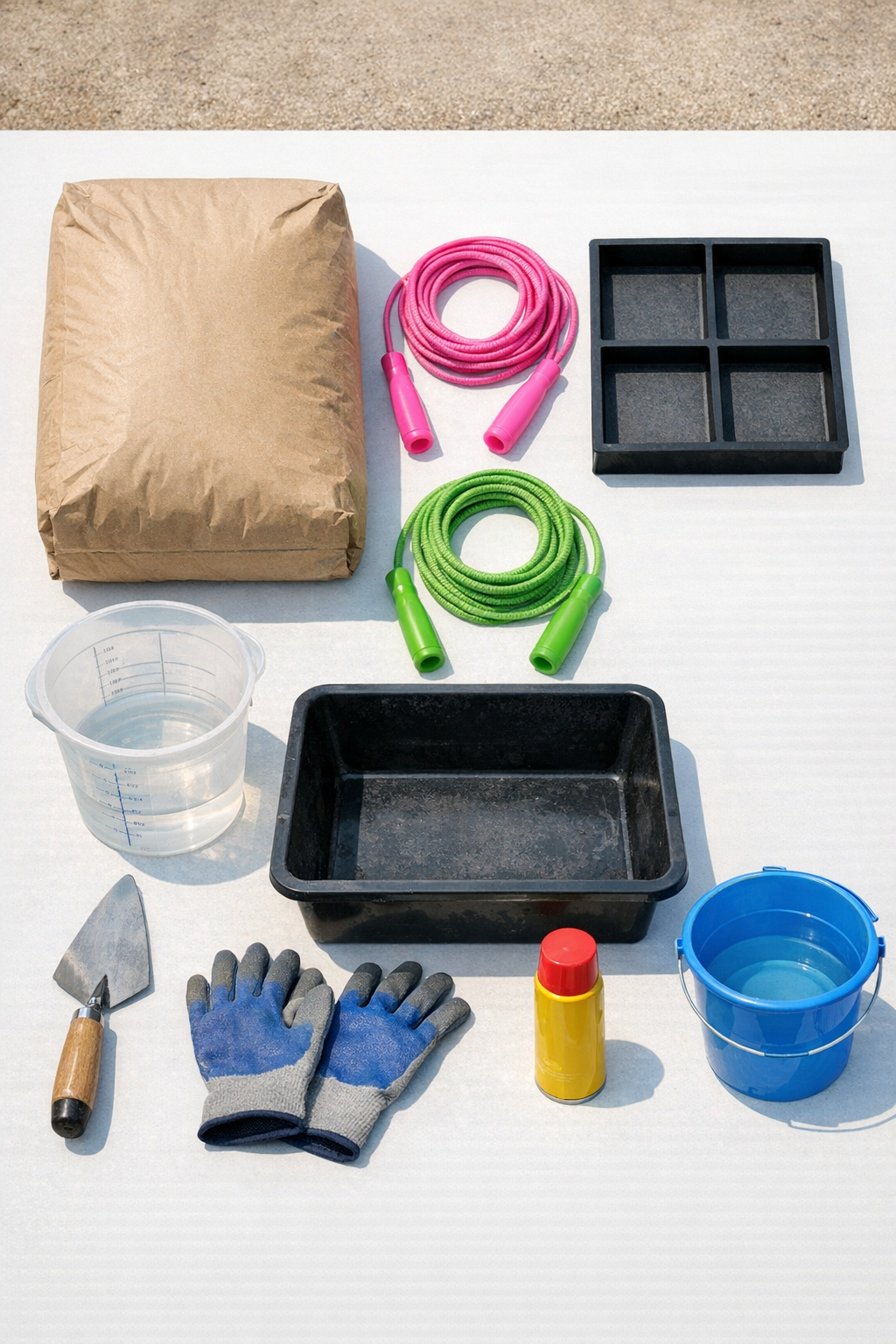 Materials laid out for braided-edge cement garden pavers