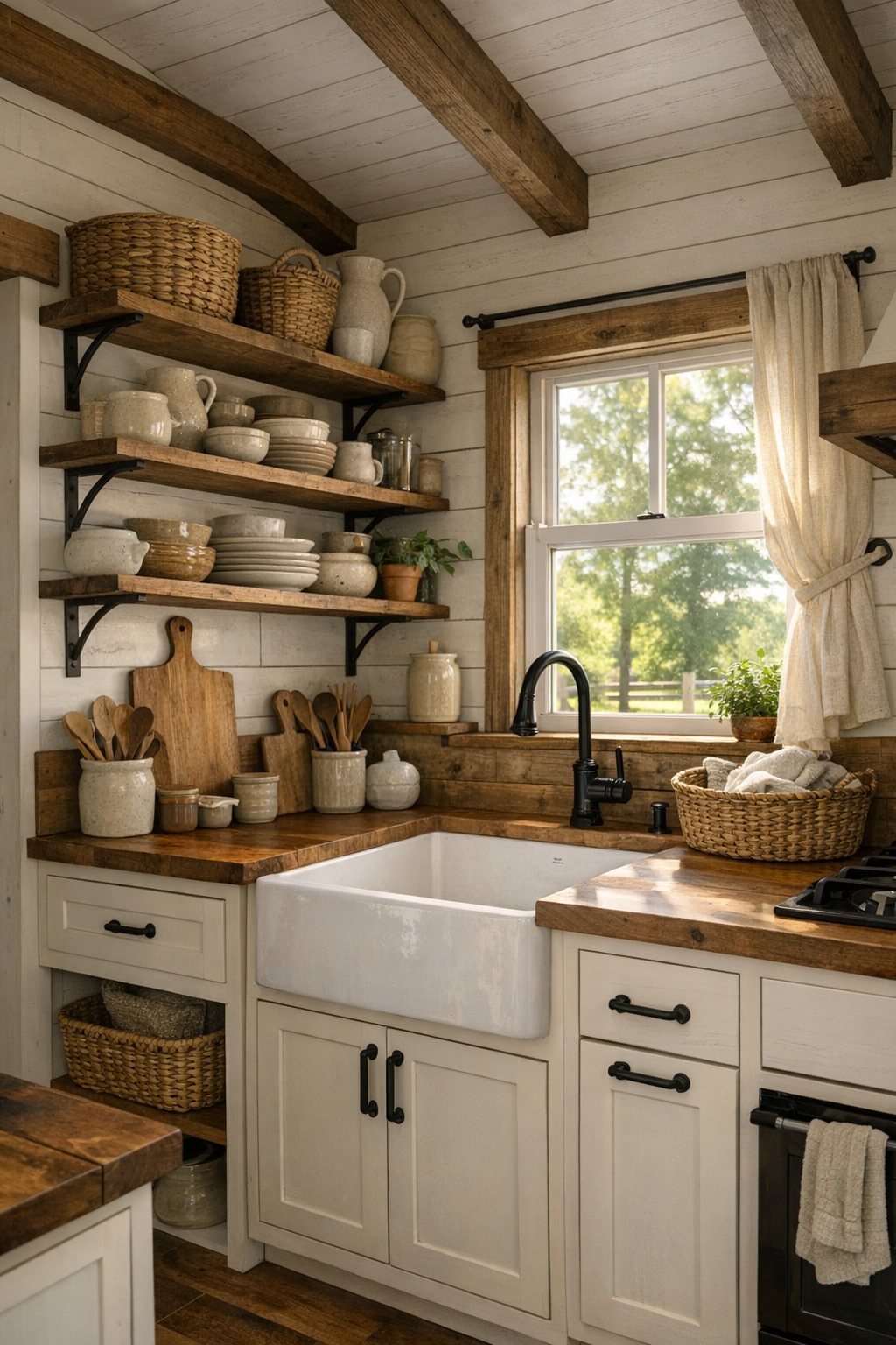 Tiny home kitchen with butcher block counters and apron-front sink