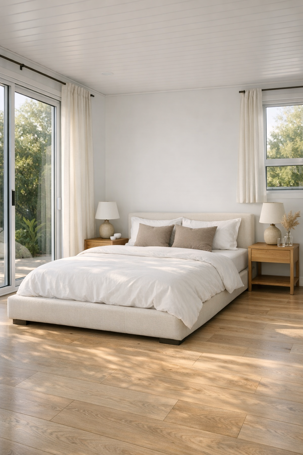 Peaceful bedroom with upholstered bed and layered neutral bedding