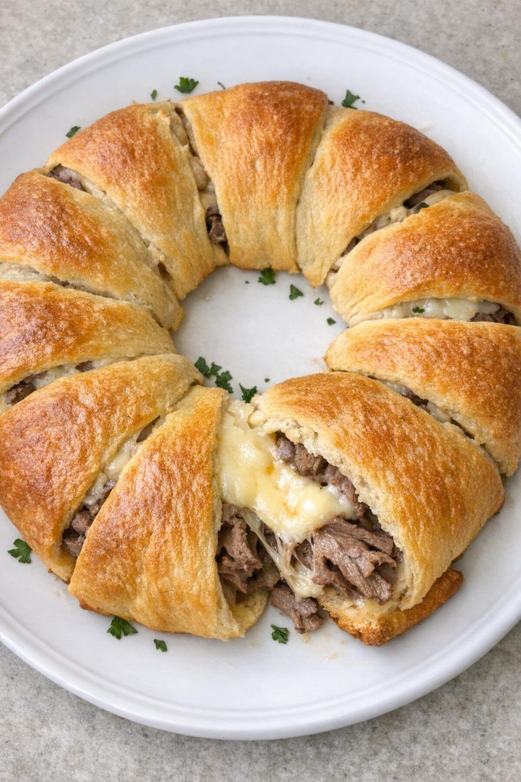 Golden brown crescent dough ring filled with roast beef and muenster cheese