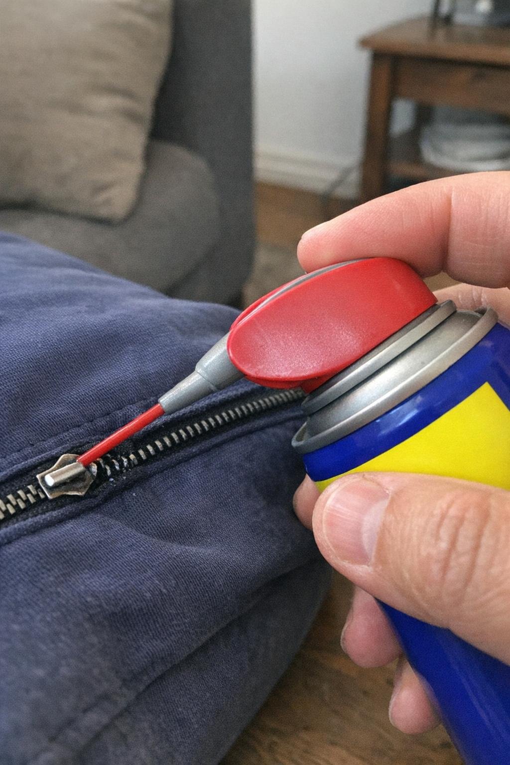 WD-40 applied to a stuck zipper on a household item